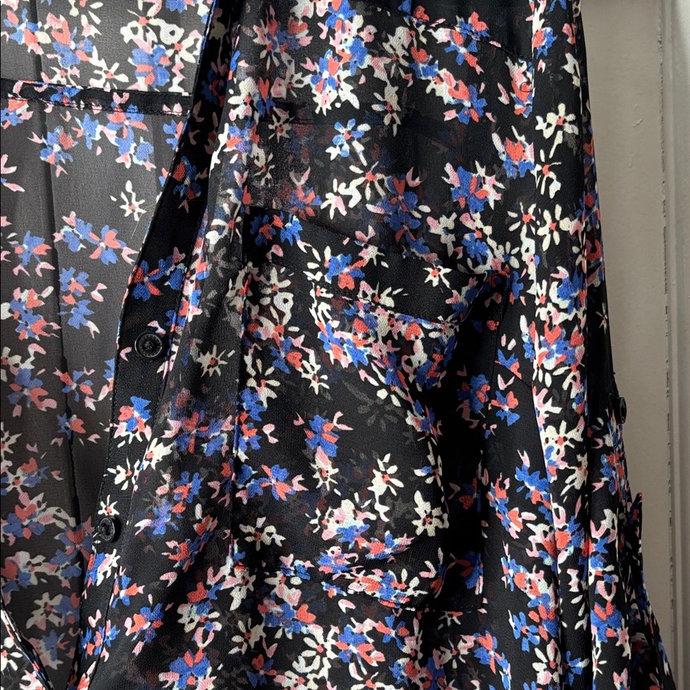 Express Black Sheer Floral Blouse with Blue, Cream and Pink Accents. Sz L - Picture 5 of 7